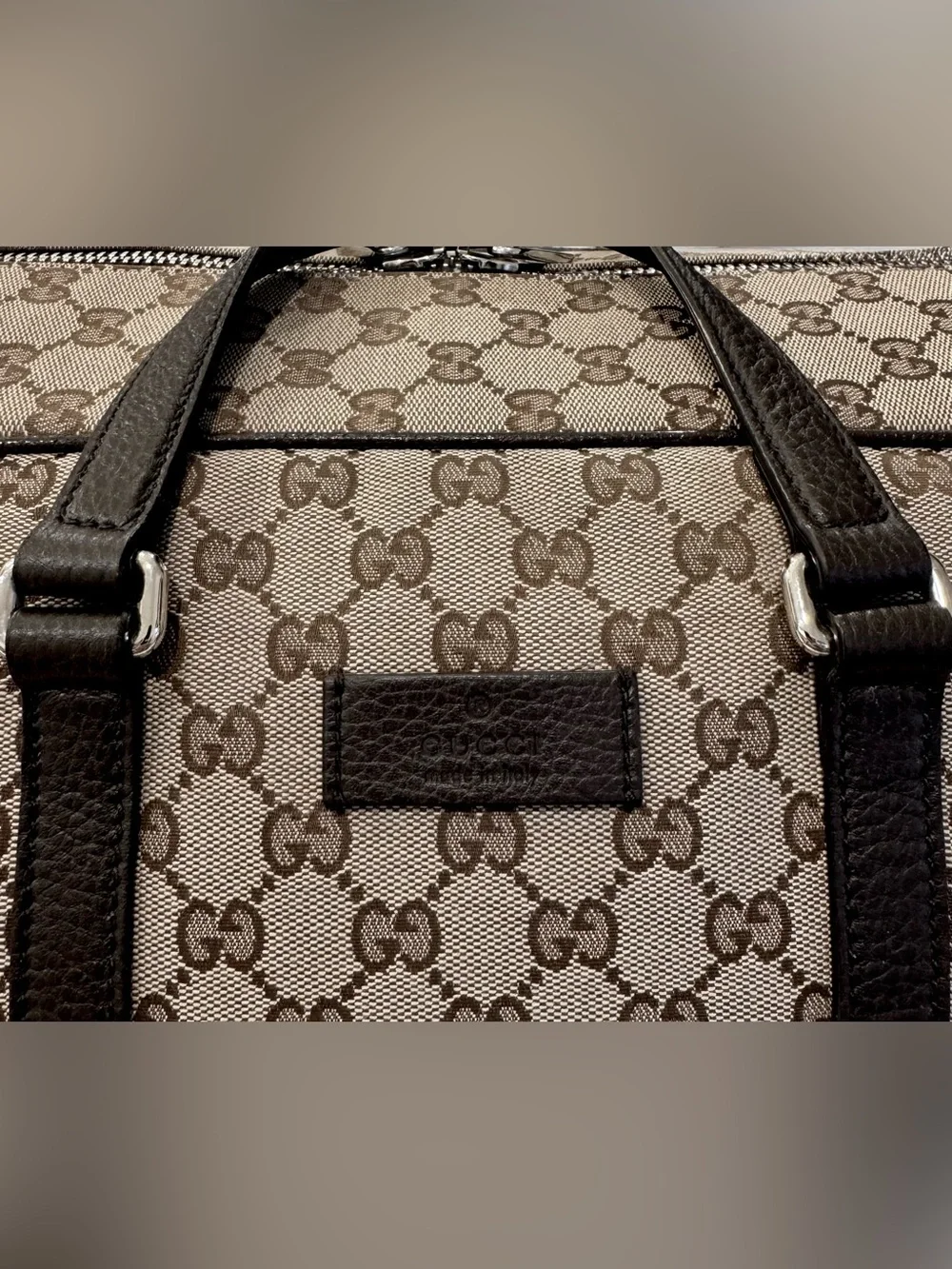 Authentic GUCCI Large GG Logo Beige Canvas Brown Leather Carry on Duffle Bag